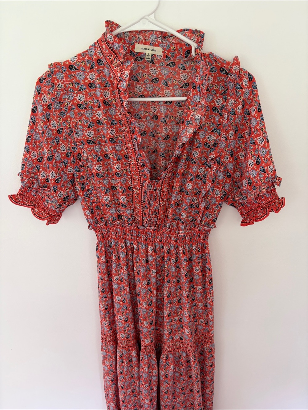 MAX STUDIO Red Floral Ruffle Midi Dress